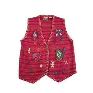 Sigrid Olsen Pink Sweater Vest Button Embroidered Beaded Vintage Ramie Large